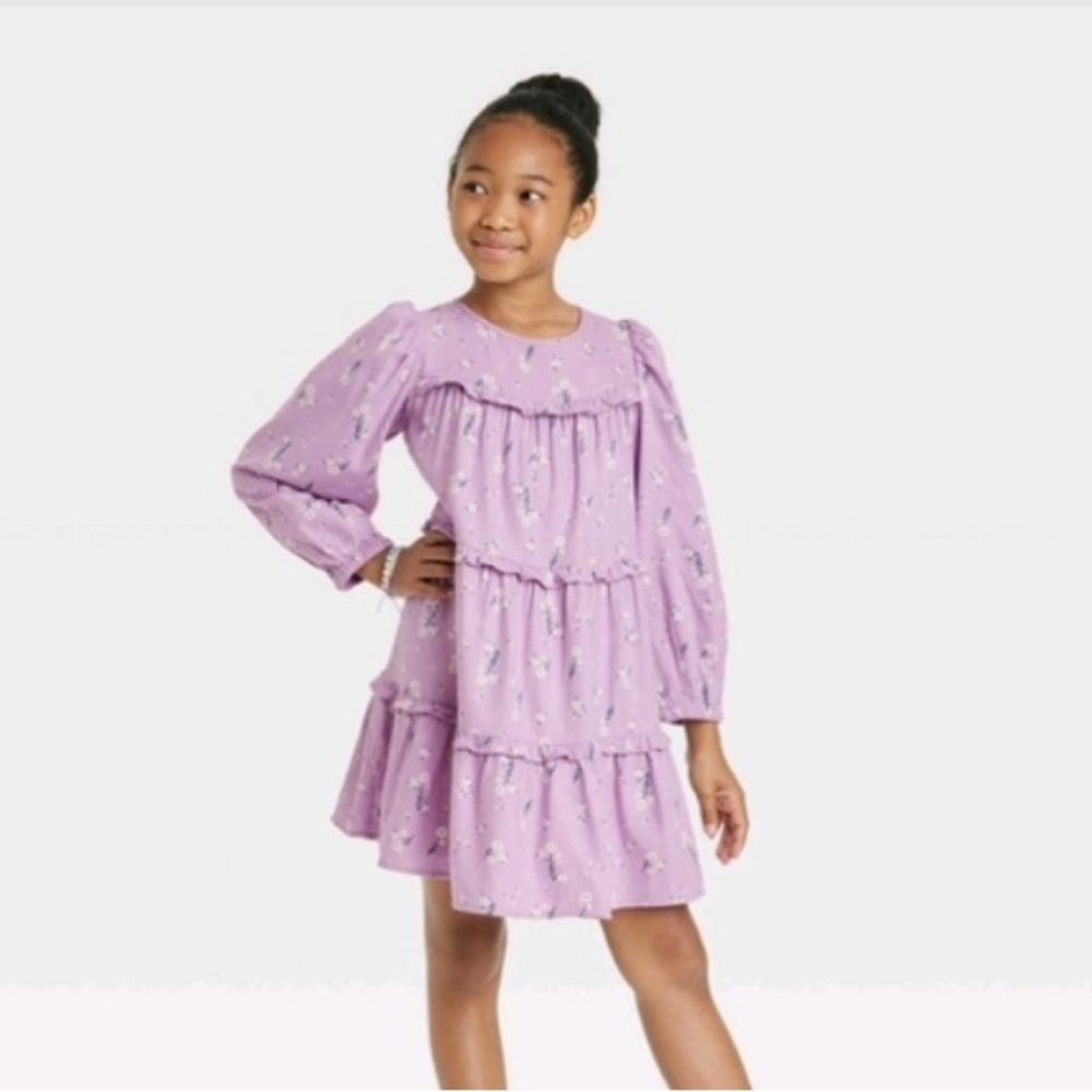 Cat & Jack dusty violet floral keyhole LS dress tier ruffle GUC girls S …